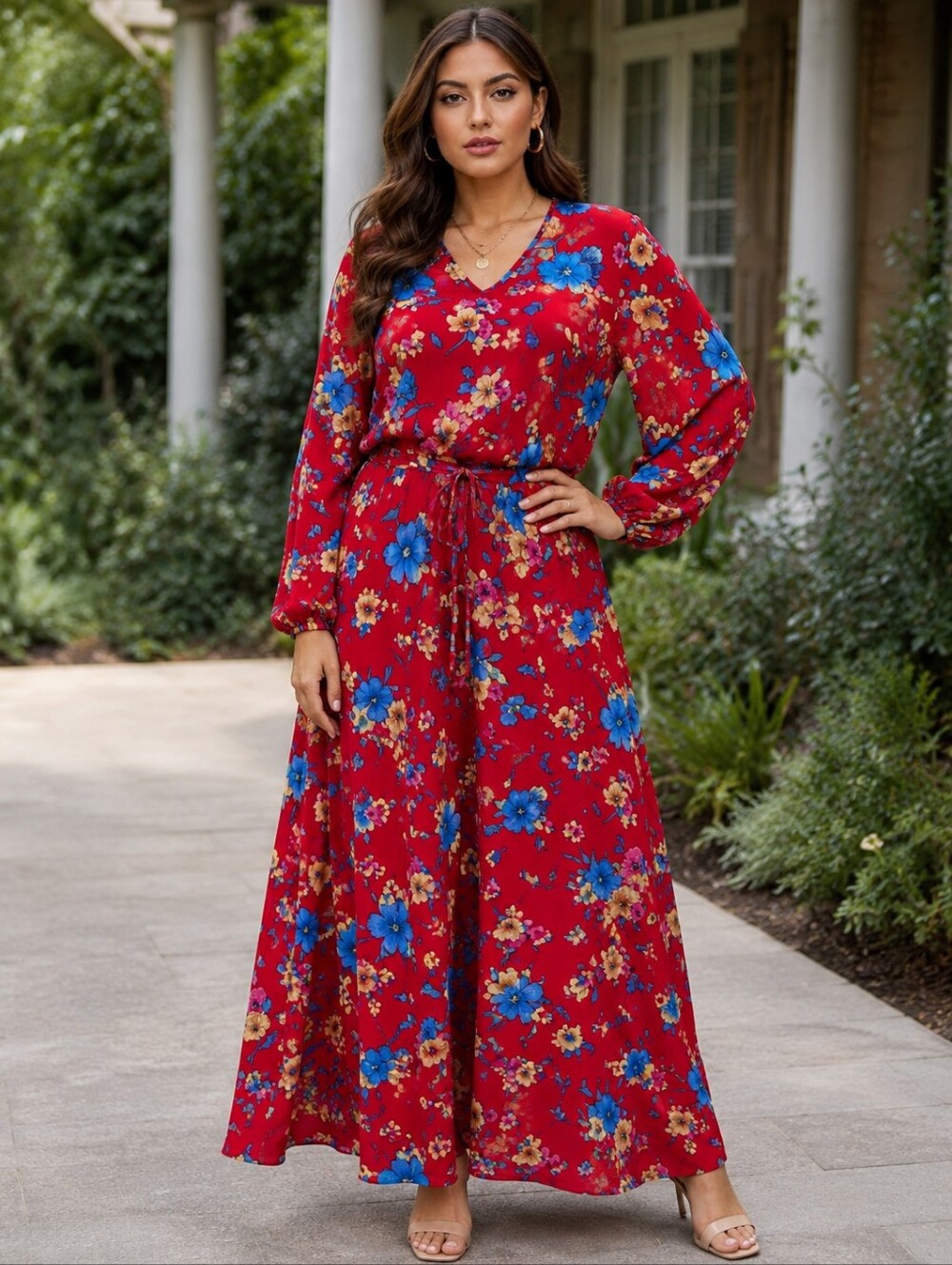 Vintage Diane Freis Silk Red Blouse & Skirt Set Boho Floral Sheer Sleeves Size L